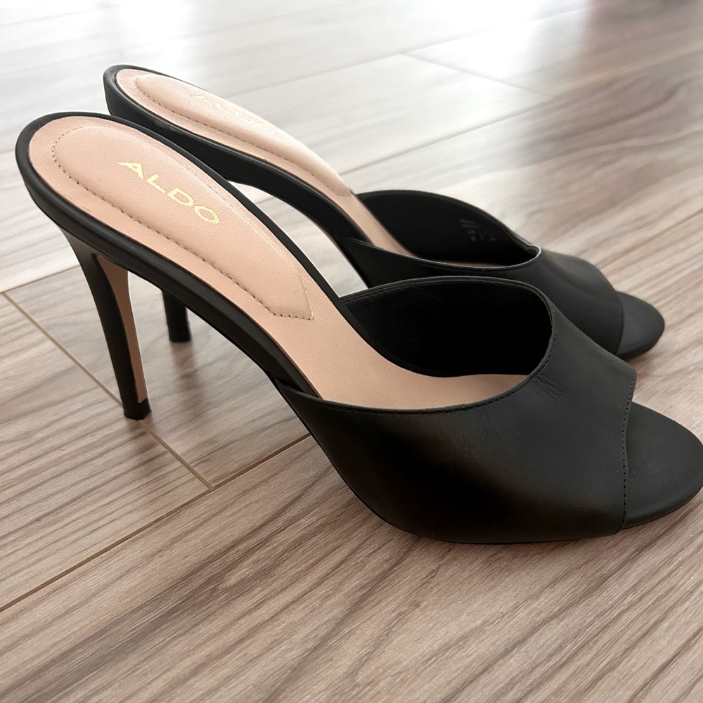 Aldo Black Heeled Mules